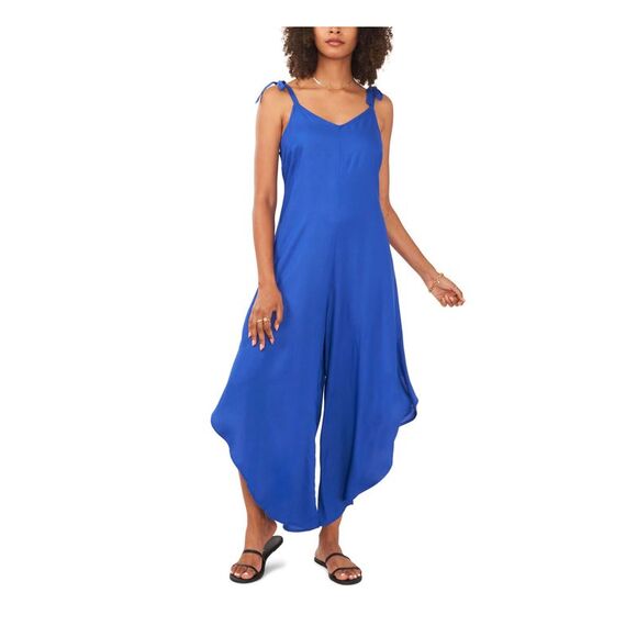 VINCE CAMUTO Pants - VINCE CAMUTO Womens Blue Tie Bow Accent Cropped Angled Hem Wide Leg Jumpsuit XS